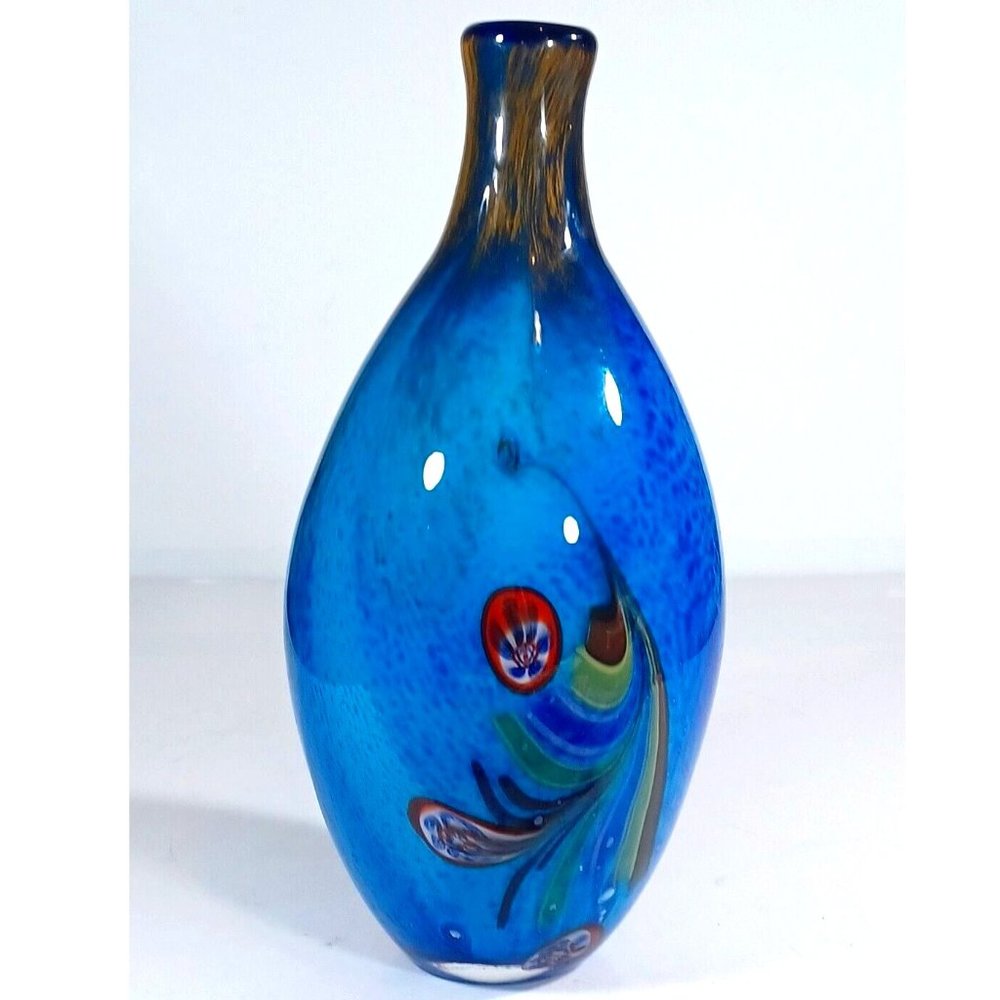 Vintage Murano Millefiori Colorful Bottleneck Art Glass Vase 13.5” X 7" Peacock - Picture 2 of 15